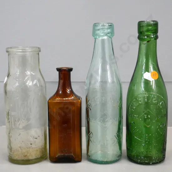 4 vintage Dunedin bottles - two West & Co H-240, Stella Preserves, and A.M. Hendy hair specialist