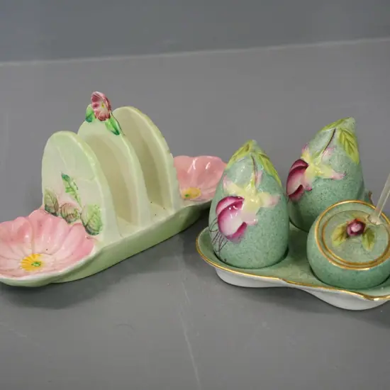 Royal Winton Fuschia condiment set and a Carlton Ware Briar Rose toast rack