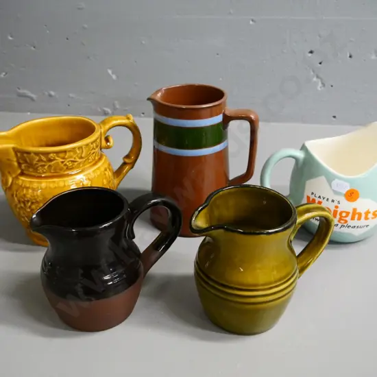 5 T&G Greene retro jugs - Players Promotional, salt glazed, relief pattern, etc. Tallest is H150