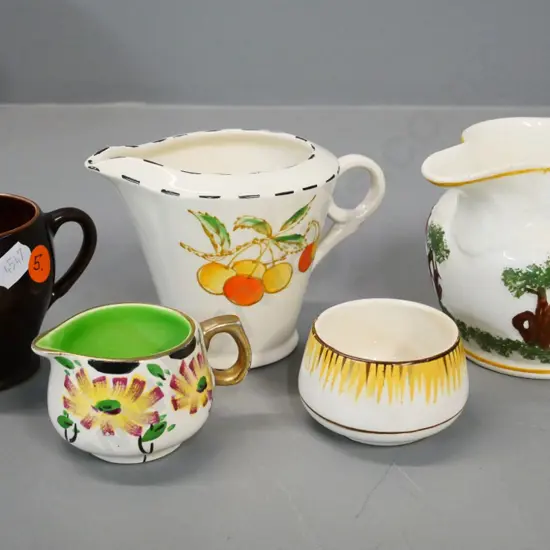 5 T&G Greene retro jugs - one with Old Canterbury relief scene H90