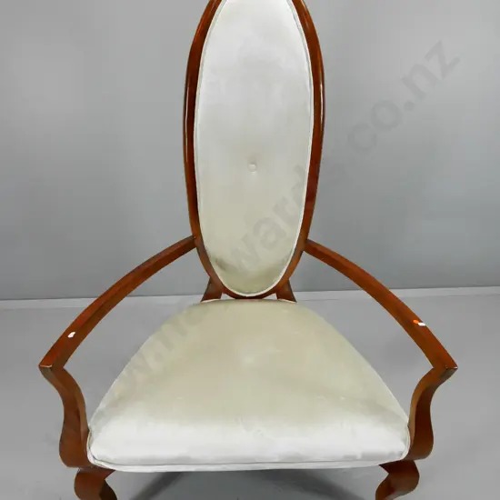 reproduction throne chair with carved mahogany frame and velvet upholstery H1500 W900 D670
