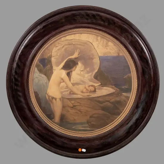 circular framed print - sleeping baby (framed needs attention -edges need varnish,  some age damage to print) Diam-490