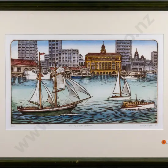 Mary E Taylor 95 - framed ltd edition print "After the Regatta, Auckland" H-280 W-480
