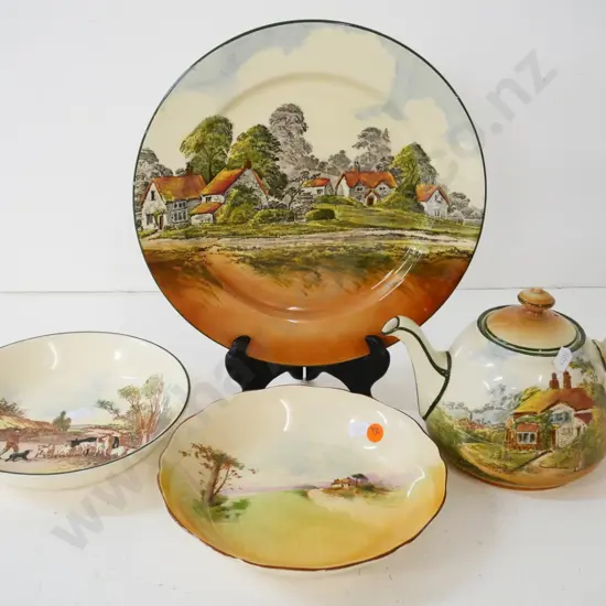 4 pieces Royal Doulton Countryside ware - 2 soup bowls, dinner plate D-260 and teapot