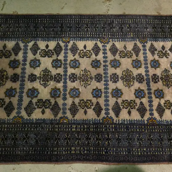 Persian style hand-knotted wool floor rug - blues and greys L1600 W900
