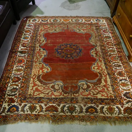 hand-woven Turkish Ushak region wool floor rug (late 19th C, has wear) L1900 W1640