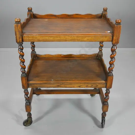 deco oak 2-tier tea trolley with barley twist legs, original casters - polish needs attention H-830 L-610 W-410