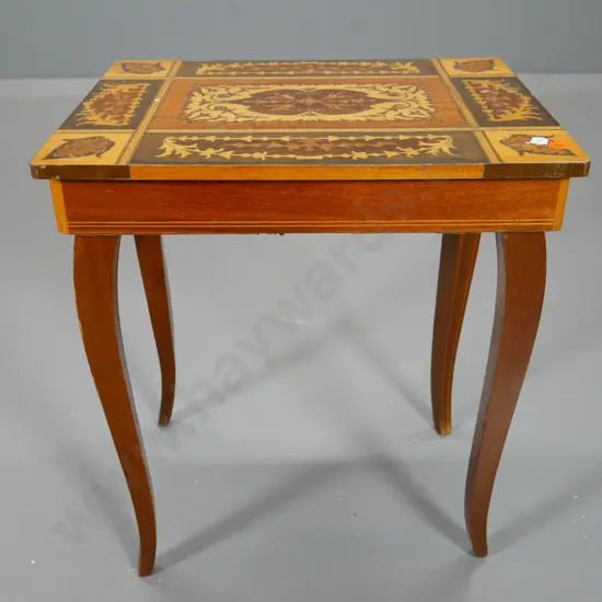 small Sorrento style mixed timber inlay musical jewellery box / table - wobbly legs, some damage on top H430 W370 D270