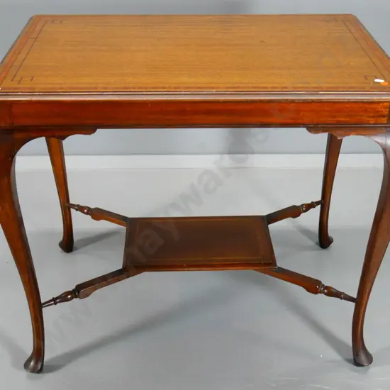 vintage mixed timber cab-leg hall table with marquetry borders H-710 W-820 D-550