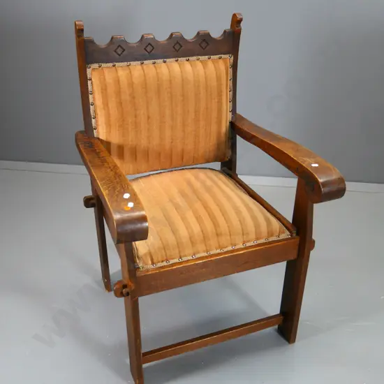 Tudor style oak-framed armchair with velvet upholstered seat & back, some loose trim H-990 W-530 D-640