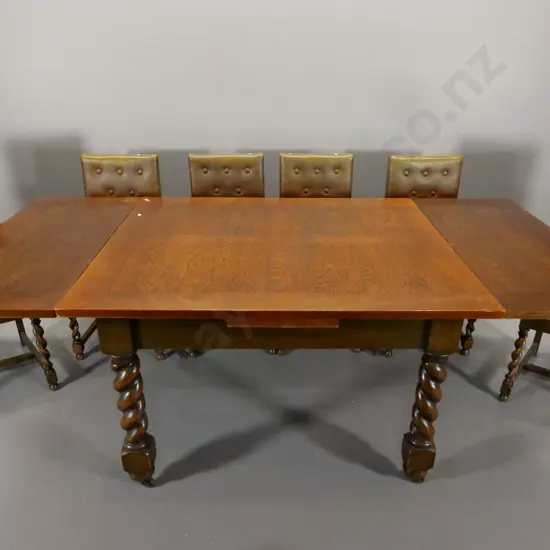vintage oak 7-piece barley twist dining suite w/end-leaf extending table, vinyl seats and backs, H780 W1060 L2130