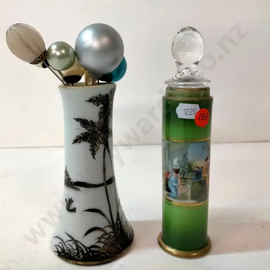 Japanese hat pin holder with 7 hat pins and vase with mismatched glass stopper H-180