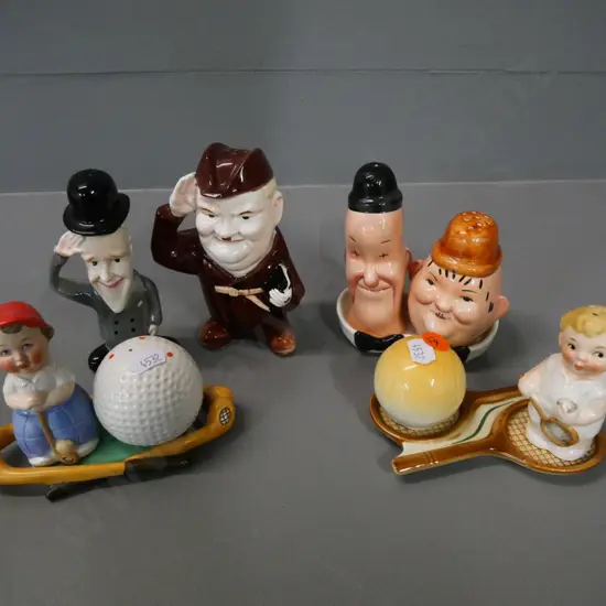 4 condiment sets - 2 Goebel sports themed and 2 Laurel & Hardy, one is Beswick