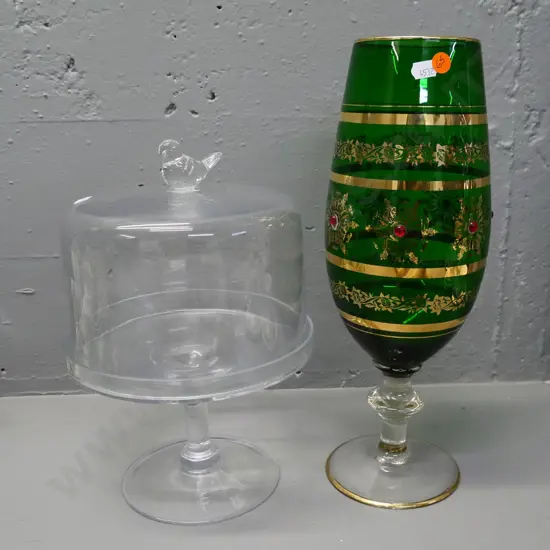 large green Venetian style glass goblet H-370 and a small glass cake stand with bird knob