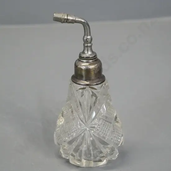 depression glass perfume bottle with somewhat loose sterling silver atomiser top H-130