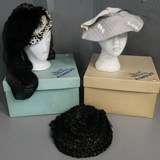 3 vintage hats in 2 H & J Smith Model Millinery boxes