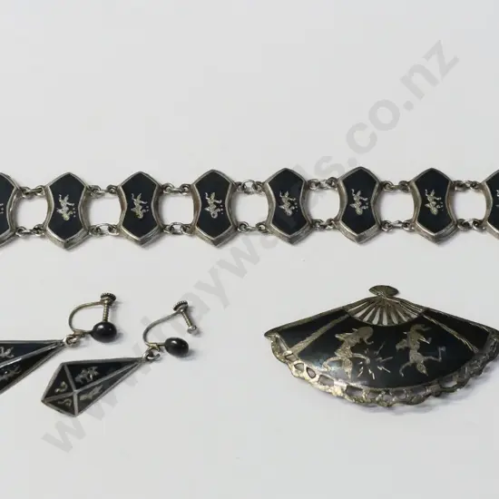 silver & black bracelet, brooch & earring set stamped sterling made in Siam