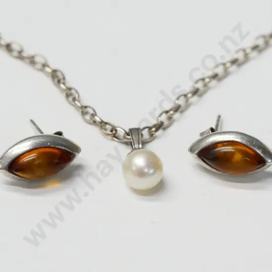pearl neclace chain stamped 925 & pair of amber earrings