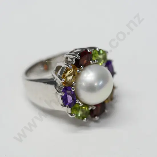 silver pearl & multi coloured stone ring stamped 925