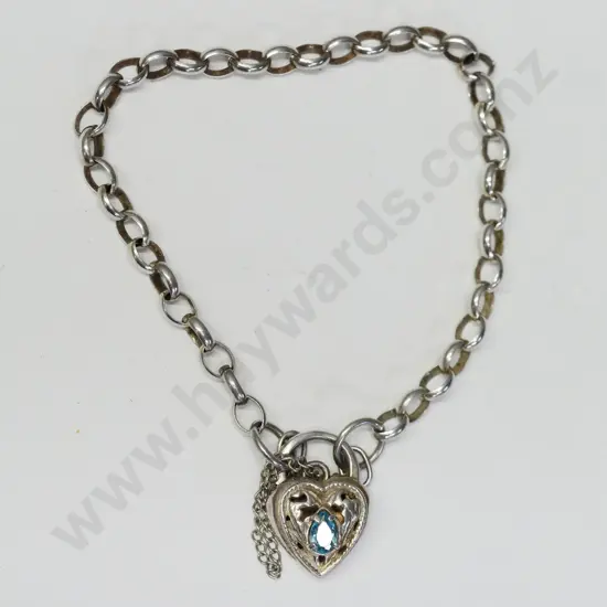 silver chain bracelet with heart shaped clasp & safety chain stamped 925