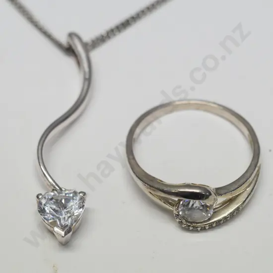 silver cz pendant stamped 925 & silver cz ring no mark
