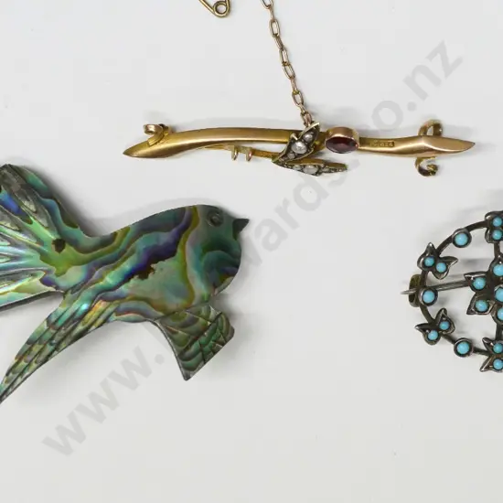 9ct seed pearl/garnet bar brooch with safety chain, turquoise brooch & paua shell bird brooch catch broken