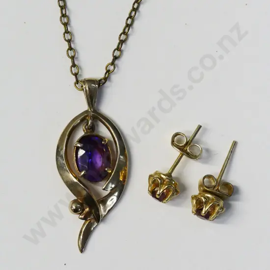 amethyst necklace stamped 9ct & pair of amethyst earrings no mark