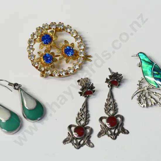 2 pairs of earrings & 2 costume brooches