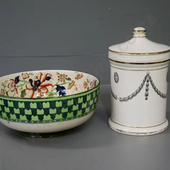 2 pieces of china - Sandland lidded canister H-220 and a Royal Doulton bowl w/some staining D-230
