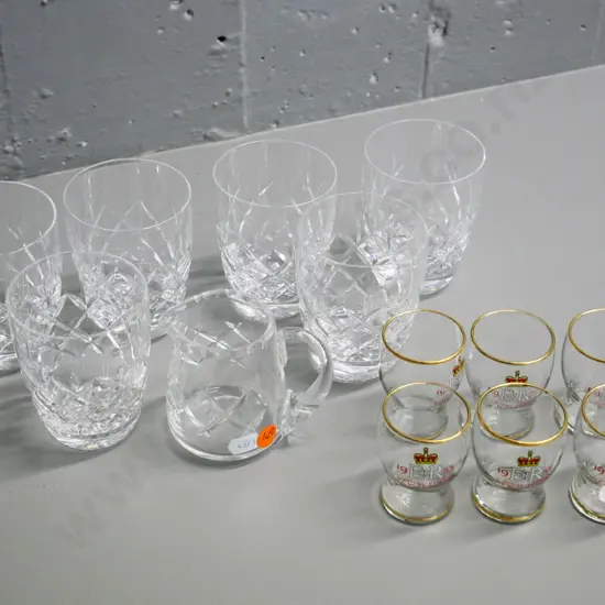 set of cut crystal tumblers and small jug and 6 1953 Royal Visit shot glasses