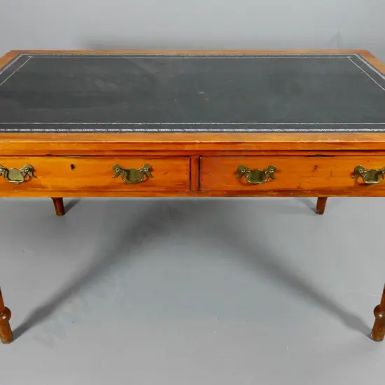 vintage kauri flat-top desk with embossed leather insert, 2 drawers, turned legs - some joints opening H720 W1370 D850