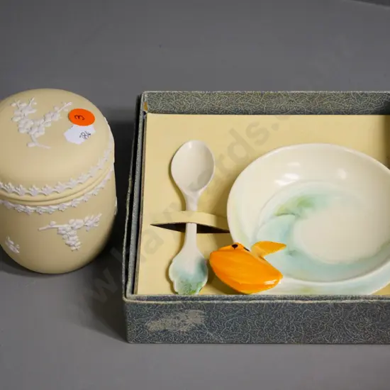 Wedgwood Yellow Jasper cover pot and a boxed Carlton Ware jam dish and spoon