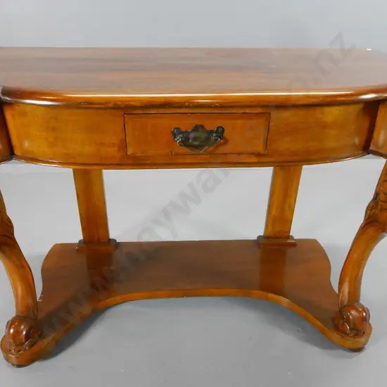 Victorian mahogany hall table with one drawer, ornately carved front legs, some lifting veneer on shelf H700 W1080 D500