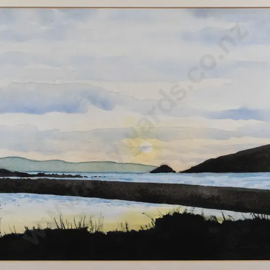 Elizabeth Leatherbarrow 1995 - mounted watercolour "Waikanae River Mounth - Sunset" H-235 W-355