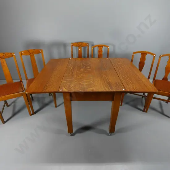 deco oak drop side dining table on casters, 6 chairs w/moquette upholstered seats H770 W1070 L1400 leaves up, 740 down