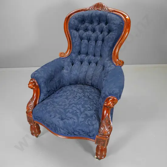 Victorian mahogany carved back armchair w/deep-button back, blue damask, porcelain casters H1060 W700 D750
