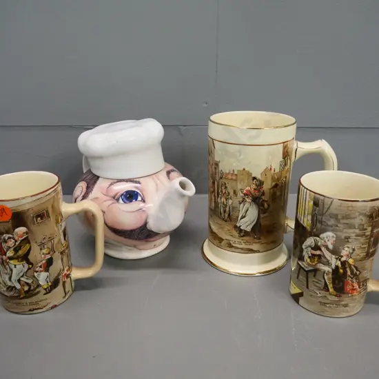 3 Newhall Dickens mugs, taller is H-150, and a Sadler Charlie Cook teapot