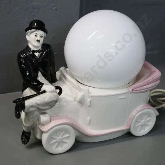porcelain Charlie Chaplin table lamp with milk glass globe shade J-260 L-300 W-150