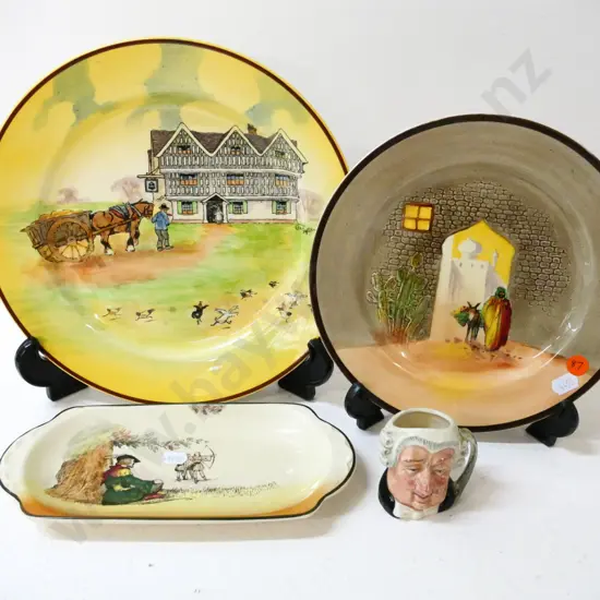 4 pieces Royal Doulton - 2 plates, biscuit tray and a small Lawyer character jug - larger plate D-260