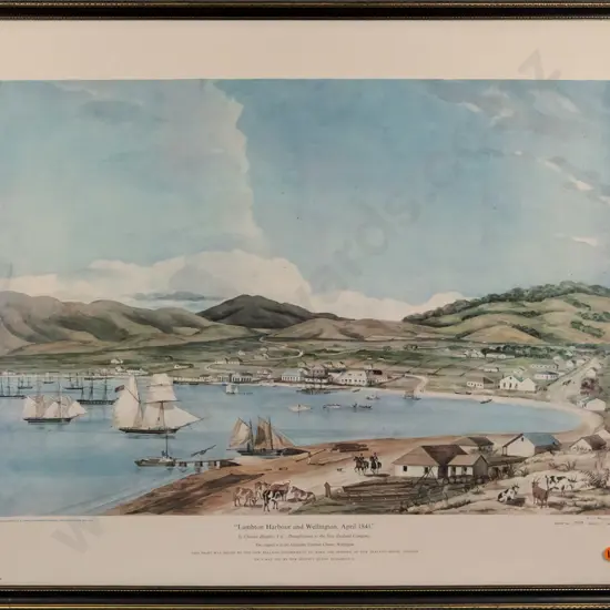 framed historic print "Lambton Harbour and Wellington April 1841"  H-420 W-580