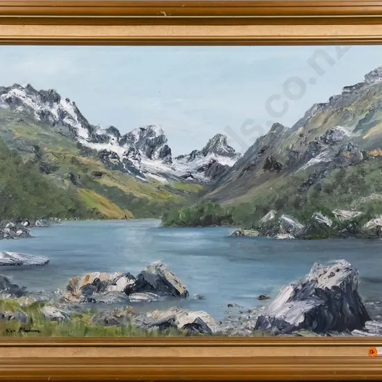 Wyn Bloxham - framed oil "Lake MacKenzie Hollyford" H-440 W-590