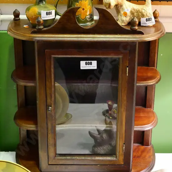 small mahogany wall-hanging cupboard - 3 shelves, single glazed door, pediment top H600 W500 D210