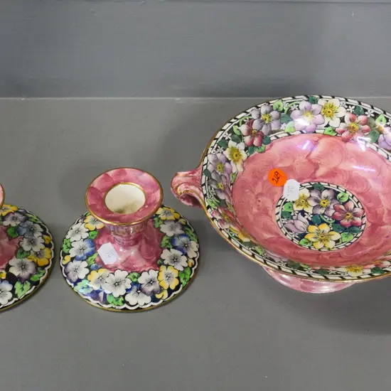 Maling pink thumbprint  - pair of candlesticks and a small comport D-160