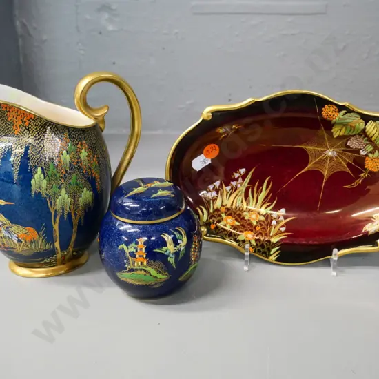 3 pieces of Carlton Ware - Rouge Royale spider web sweet dish and Bleu Royale jug H-150 and lidded pot