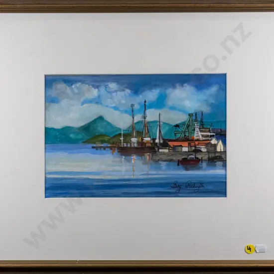 Betty Pilkington - framed ink and watercolour  - Dunedin harbour scene looking over to Hereweka H-180 W-270
