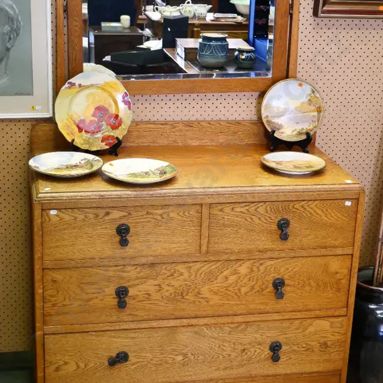 deco oak 4-drawer duchess with tilting bevelled edge mirror, cast metal drop handles H1530 W920 D440