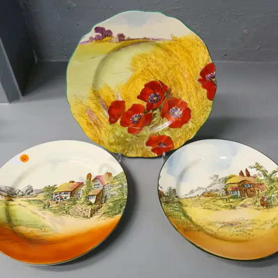 3 Royal Doulton plates - Poppies in the Corn Field D-240 and 2 English Cottages series