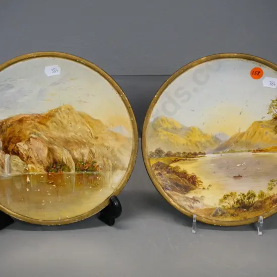 pair of early New Zealand colonial oil on porcelain painted plates - some loss of paint D200