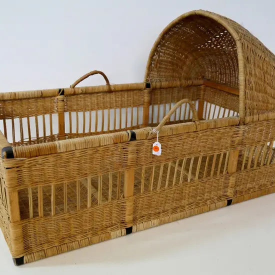 vintage wood, leather and cane bassinet - some cane loosening near handles H-550 L-840 W-470