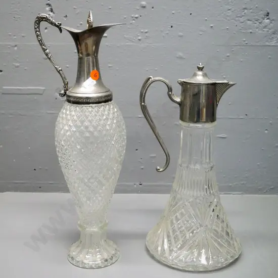 2 glass silver-plate mounted claret jugs, taller one H-350